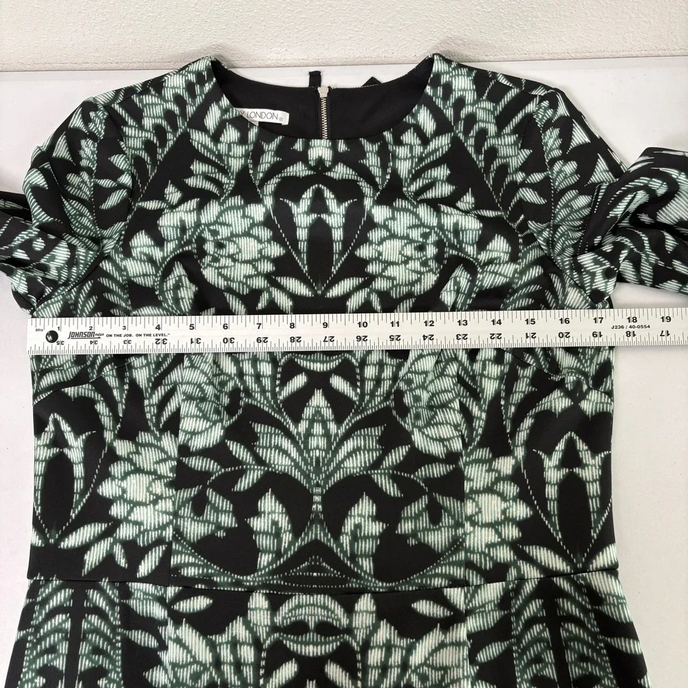 Maggy London Sheath Dress Womens 12 Black Green Damask Floral Long Sleeve Goth